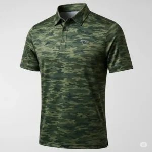 A vivid image of a green camo golf shirt, highlighting its modern fit.