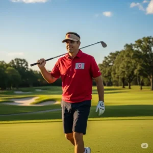 A lifestyle shot of someone wearing an Ohio State golf shirt while playing a round on the golf course.