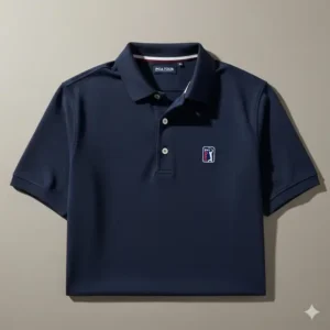A classic navy blue PGA Tour golf shirts laid flat to show its clean lines and texture.