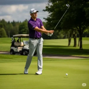 purple polo golf shirt on a golfer on the green.