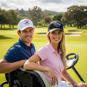 A lifestyle photo of a man and a woman, both wearing different styles of "titties golf hat", posing together on a golf cart. This image shows the versatility and appeal of the hat for both genders.