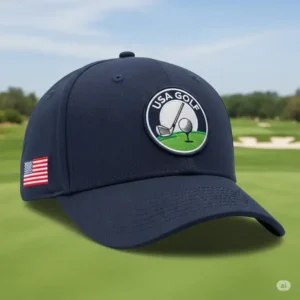 A stylish, structured navy usa golf hat with a circular golf logo and a subtle American flag accent.