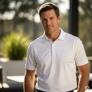 Man wearing a white golf polo in a relaxed, casual setting, demonstrating its comfort and suitability for off-course activities.