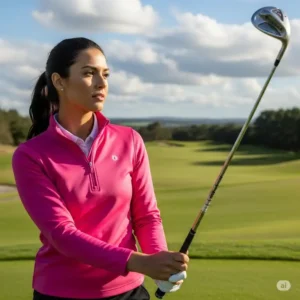 A woman on a golf course wearing a pink golf quarter zip, perfect for keeping warm on a cooler day.
