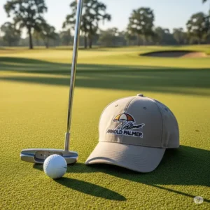 An overhead shot showing an Arnold Palmer golf hat resting beside a golf putter and a golf ball, ready for a day on the links.