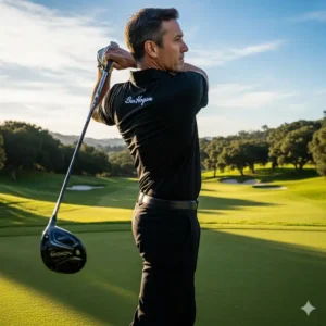 A golfer in a black Ben Hogan golf shirt swinging a golf club on a sunny day.