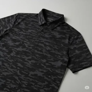 A clean, clear image of a black camo golf shirt, showcasing its subtle design.