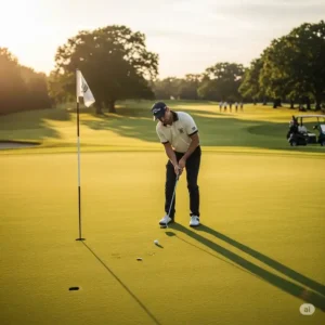 A golfer in one of the bobby jones golf shirts making a putt on the green.