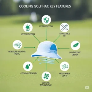 An infographic outlining the key features of a cooling golf hat, such as UV protection, adjustable fit, and lightweight design.