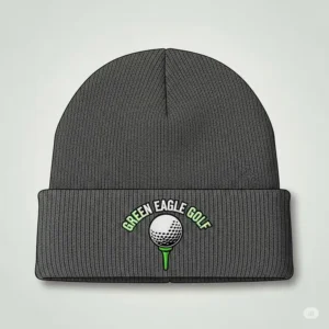 Illustration of a golf beanie featuring an embroidered logo, representing customization options for golf brands.