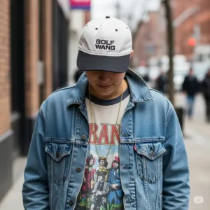A person wearing a Golf Wang golf hat, demonstrating how the hat can be styled with casual streetwear.