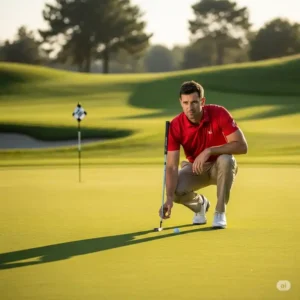 A professional golfer in a stylish red golf polo carefully lines up a putt on the putting green.