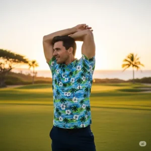 A man stretches comfortably in a breathable Hawaiian golf shirt, highlighting its flexible fit.