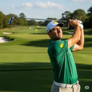 A golfer wearing a new masters tournament golf shirts while playing a round on a sunny course.