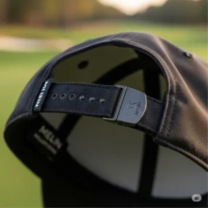 Rear view of a Melin golf hat, showcasing its adjustable strap and premium buckle, highlighting the customizable fit for all head sizes.