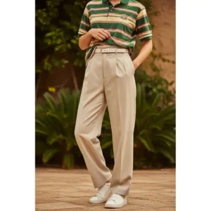 A styled outfit featuring a vintage golf polos paired with high-waisted trousers and classic sneakers.