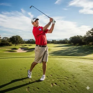 An amateur golfer wearing a red PGA Tour golf shirts, swinging a club on a sunny green.