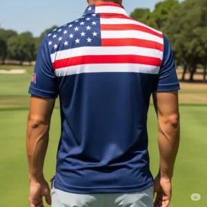 A person holding a premium quality american flag golf shirt to show its fabric.