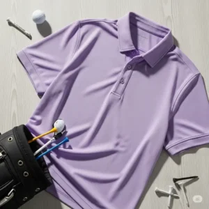 purple polo golf shirt with moisture-wicking fabric.