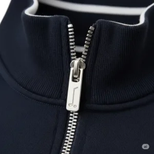 A detailed shot of the collar and zipper on a premium golf quarter zip, showing the quality of the hardware.