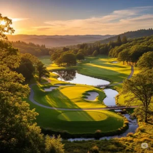 A breathtaking landscape view of a secluded golf course nestled among rolling hills and trees, highlighting the peaceful, natural golf quiet environment.