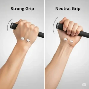 A side-by-side comparison illustrating the difference in wrist angle between a strong grip and a neutral grip, highlighting the slight cocking of the wrist in a strong grip.