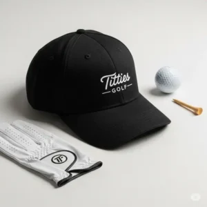 A clean, stylish flat lay of a "titties golf hat" next to a golf ball, tee, and glove. This image presents the hat as a fashionable accessory and part of a golfer's essential gear.