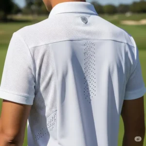 Back view of a white golf polo, highlighting ventilation features designed for optimal airflow during a game.