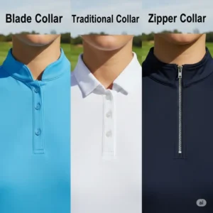 An image collage demonstrating various collar styles available for a women's golf polo, such as blade, traditional, and zipper collars.