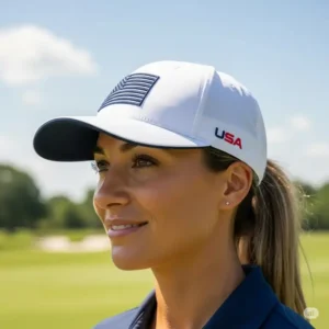 A woman wearing a modern, performance-fit usa golf hat on a bright summer day.