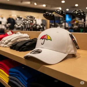 A modern Arnold Palmer golf hat displayed on a shelf in a pro shop, ready for purchase by a golf enthusiast.