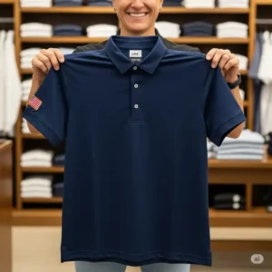 A collection of different american flag golf shirt laid out.