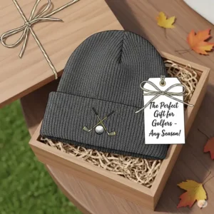 Illustration of a golf beanie presented as an ideal gift for golfers, suitable for any season.