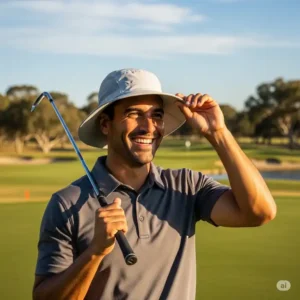A smiling golfer looking comfortable while wearing a cooling golf hat, demonstrating its effectiveness during a round of golf.