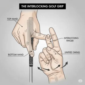 A close-up diagram showing the interlocking or overlapping technique that connects the top and bottom hands when using a strong golf grip, which is crucial for a unified swing.