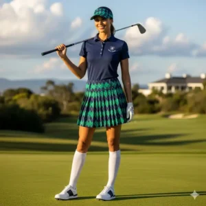 A full outfit featuring a stylish golf skirt paired with a matching polo and visor, showcasing a complete look for the course.