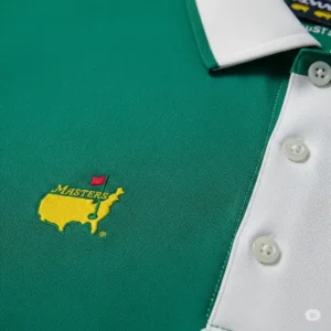 Close-up view of the fine fabric and stitching on a premium masters tournament golf shirts.