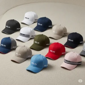 Assortment of Melin golf hats in various popular colors, neatly arranged to display the range of options available for personal style on the golf course.