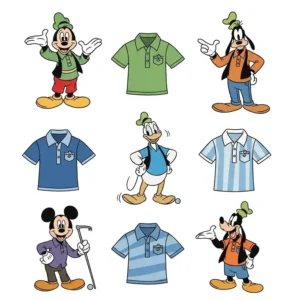Fun cartoon illustration showcasing different Disney golf polos featuring beloved characters like Mickey, Donald Duck, and Goofy.