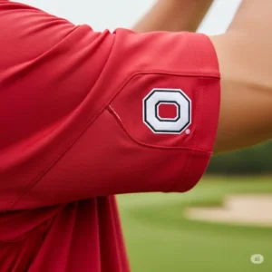 The athletic cut sleeve of the Ohio State golf shirt is designed for maximum mobility.