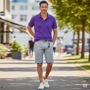 purple polo golf shirt styled casually with shorts.