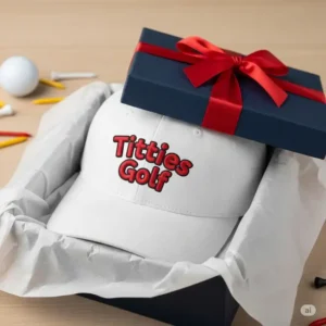 A photo of a "titties golf hat" wrapped in a gift box with a bow. This image positions the hat as a humorous and clever gift idea for a golfer's birthday or holiday.