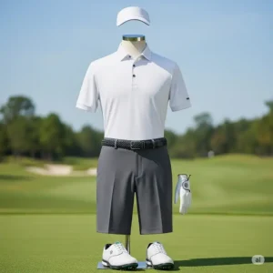 A complete golf outfit featuring a white golf polo paired with golf shorts, illustrating a sharp and functional look for the course.