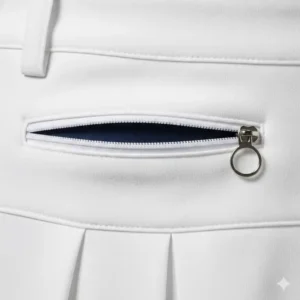 A close-up of a hidden zippered pocket on a white golf skirt, perfect for storing golf tees or a ball marker.
