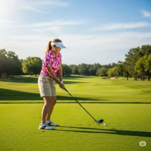 A woman with a visor and a pink floral Hawaiian golf shirts tees off on a sunny day.