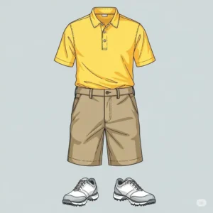 An illustration of a yellow golf shirt displayed alongside golfing accessories, including a glove, hat, and a set of golf balls.