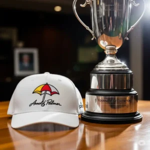 A commemorative Arnold Palmer golf hat placed next to a golf tournament trophy, symbolizing success and the legacy of the legendary golfer.