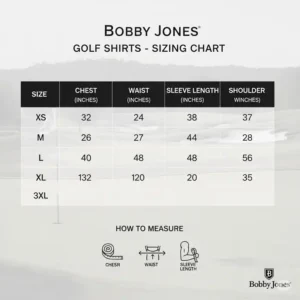 An informational graphic of the sizing chart for bobby jones golf shirts.