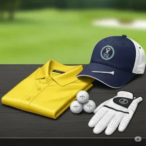 An illustration of a customizable yellow golf shirt design with a logo on the chest, perfect for team uniforms.