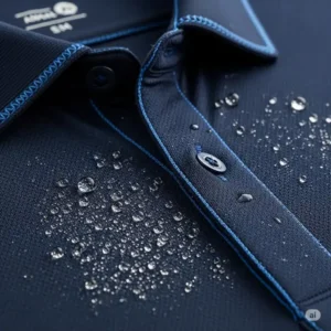 Technical close-up of a Disney golf polo, highlighting its moisture-wicking fabric and breathable design for performance.